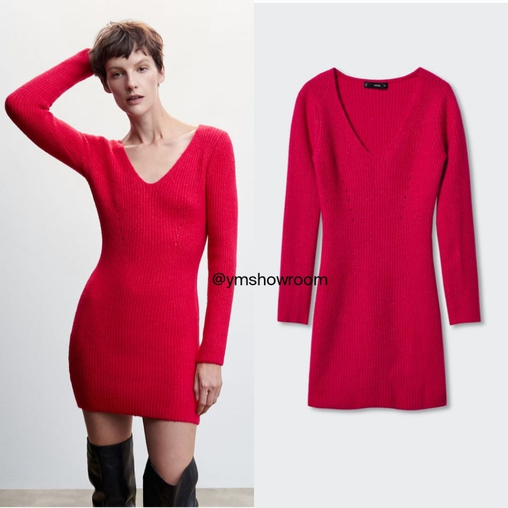 Mango Fuchsia V‑Neck Ribbed Knit Dress